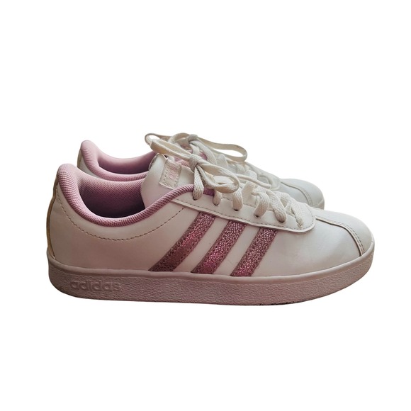Adidas Court Shoes White‎ Pink Glitter Stripes Sneakers Kids Size 3 - Picture 3 of 6